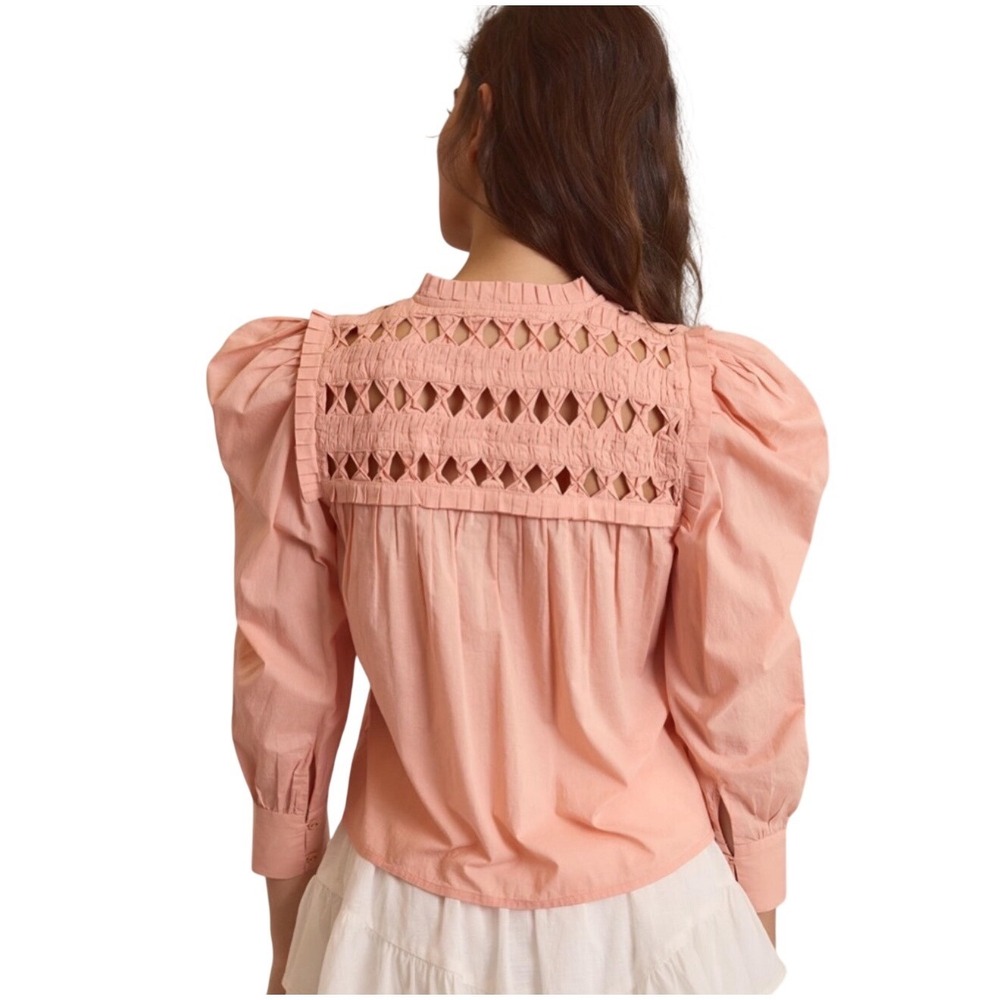Self Contrast Anthropologie Puff-Sleeve Cotton‎ Blouse S Small Peach Coral Boho - Picture 4 of 12